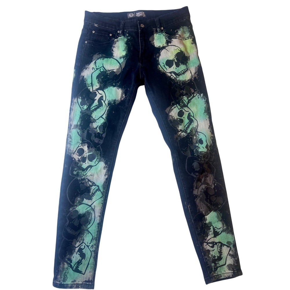 Rare * Broken Promises Skull Graphic Denim Jeans Mens 30 Black Green Streetwear